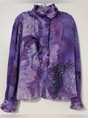 St. John Couture Silk Purple Floral Ruffle Blouse Top Size 8 Romantic Luxe